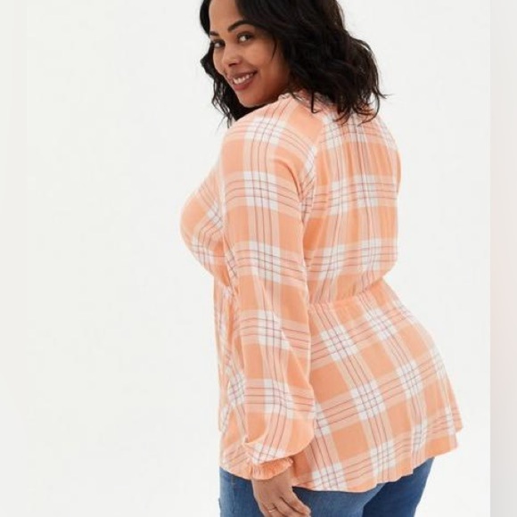 Torrid Rayon Crepe Tie Waist Peasant Blouse Shirt Top Womens Size 1X Plaid - Picture 3 of 14
